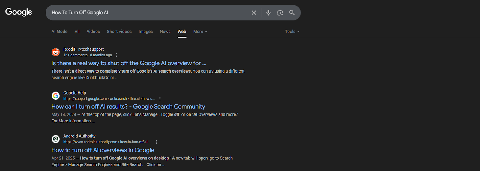 An Example of a Google Web Search using the Web Filter Option