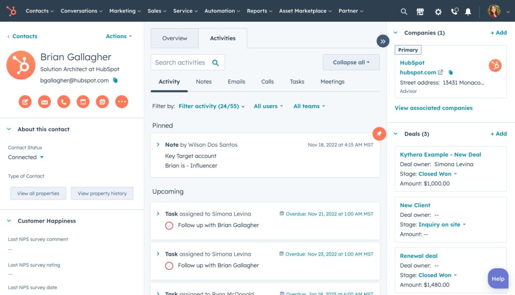 HubSpot marketing automation software's contact record showing contact information and associated objects information.