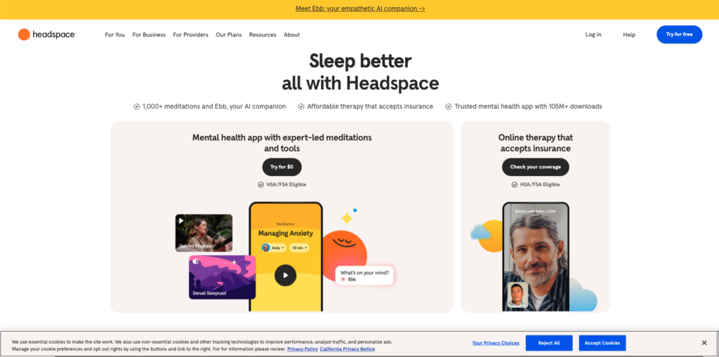 Headspace meditation app website hero section design
