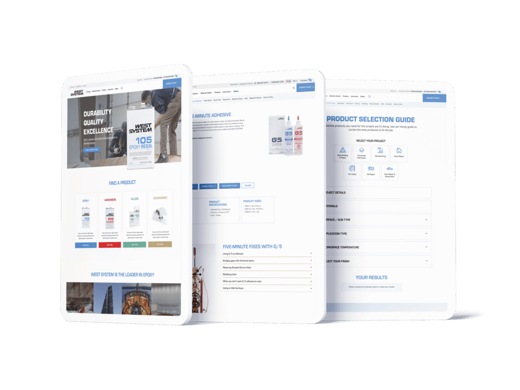 WEST SYSTEM website mockup of the home page, product page, and the Product Selection Guide.