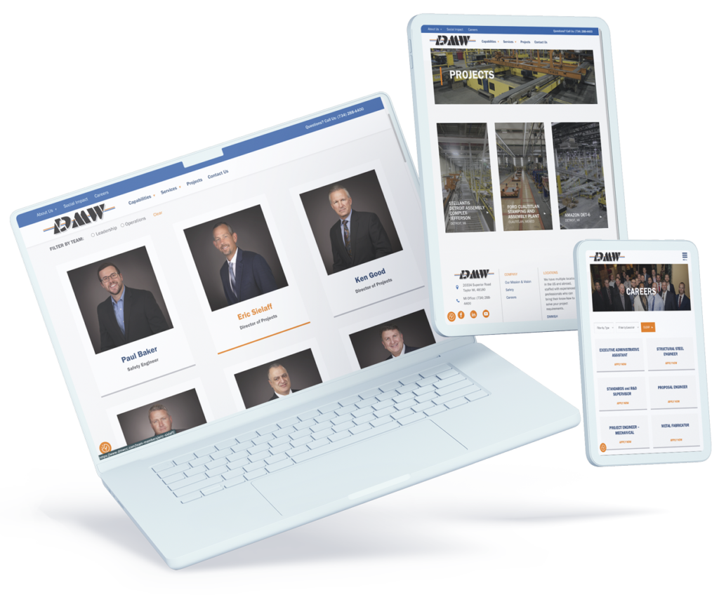 Device mockups of the team page on the Dearborn Mid-West Company's website, developed by Perfect Afternoon.