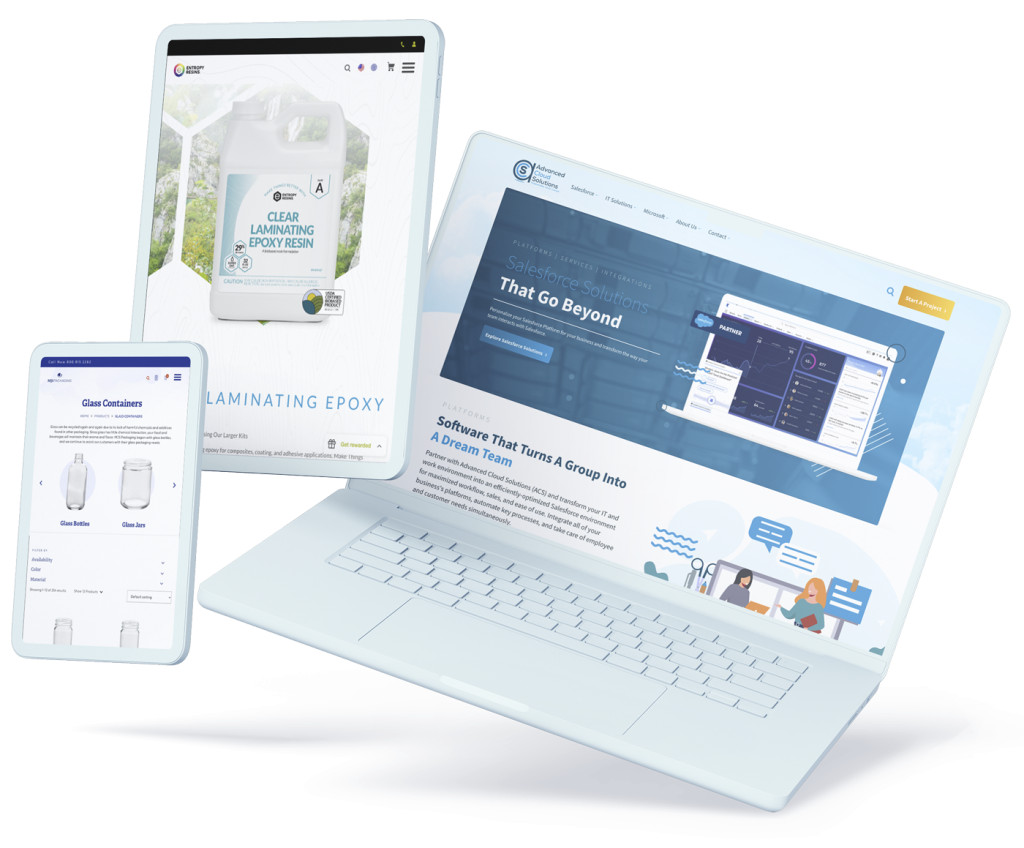 Three devices - two tablets and one laptop - of WordPress websites.